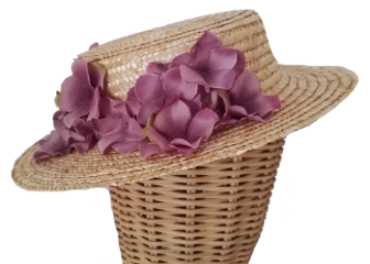 Canotier Malva. Canotier de paja de rafia natural con hortensias en color malva en un lado : PVP 35 euros