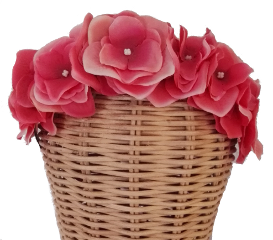 Diadema Coral. Diadema de hortensias en tonos de coral y rosa montada sobre diadema de raso negro. : PVP 28 euros