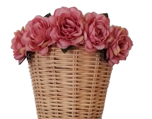 Corona flores rosa. Corona de flores en color rosa sujeta con goma elástica negra : PVP 15 euros